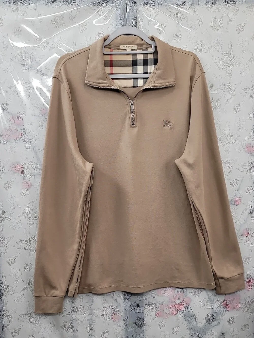 Burberry Tan Quarter Zip Pullover Sweater with Signature Check Collar Size XL
